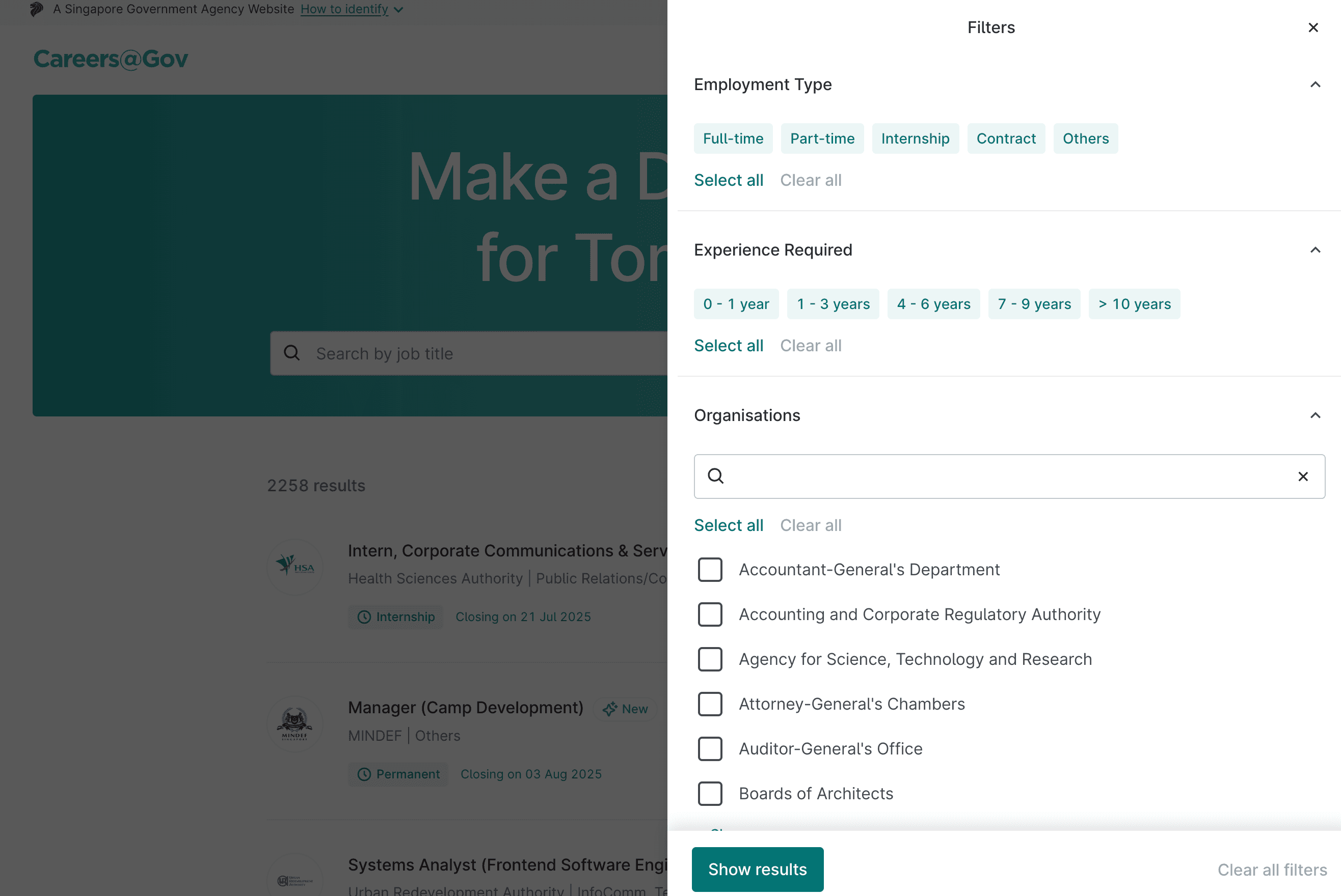 Screenshot of the Careers@Gov Jobs Portal Filters
