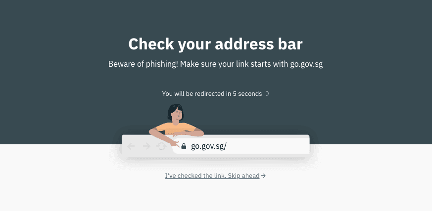 Screenshot of transition page to remind users to check address bar