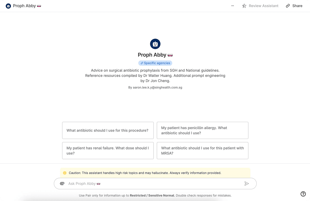 Proph Abby is an assistant that helps clinicians quickly and accurately access complex guidelines on surgical antibiotic prophylaxis.