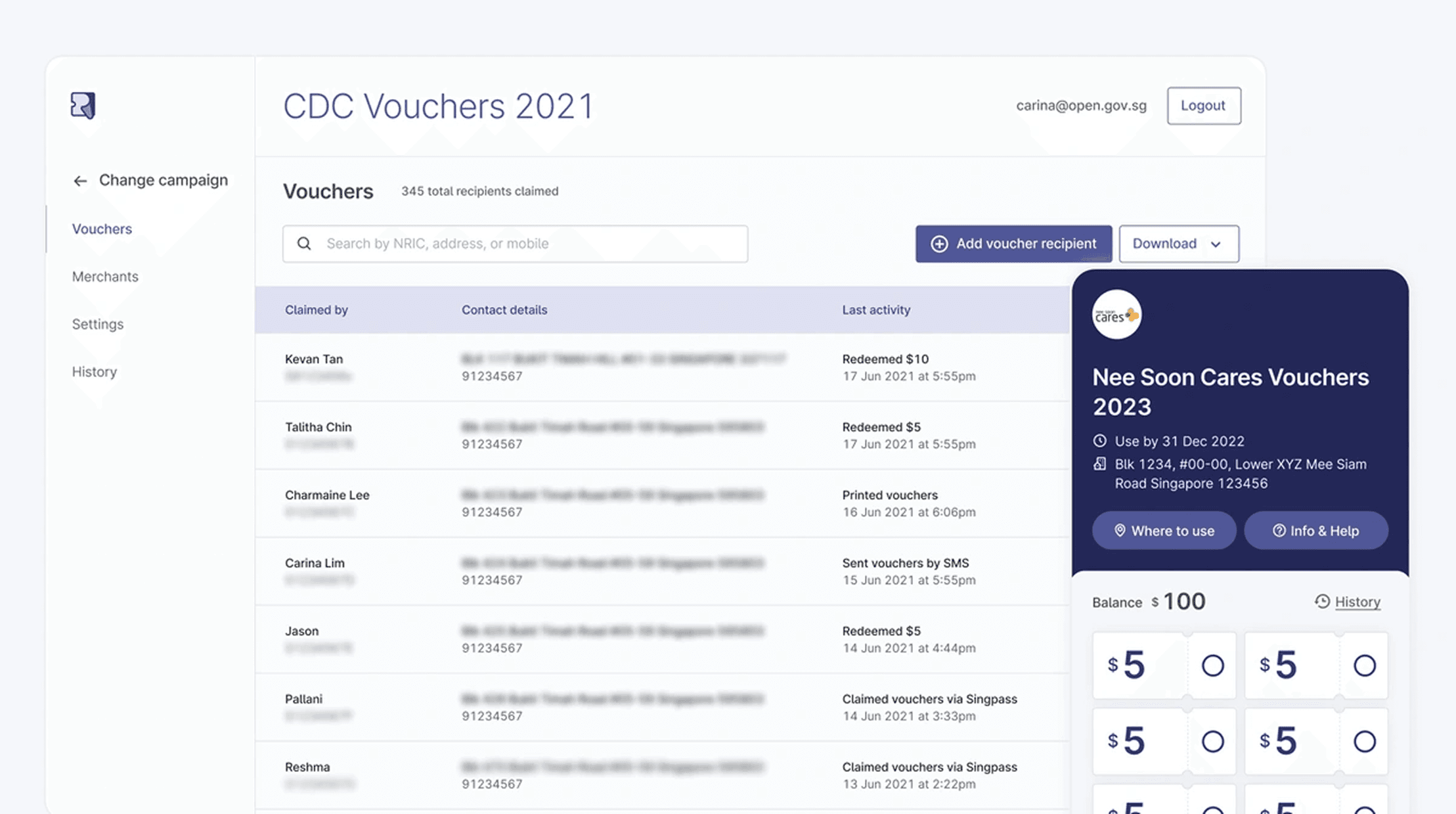 Screenshot of RedeemSG's interface