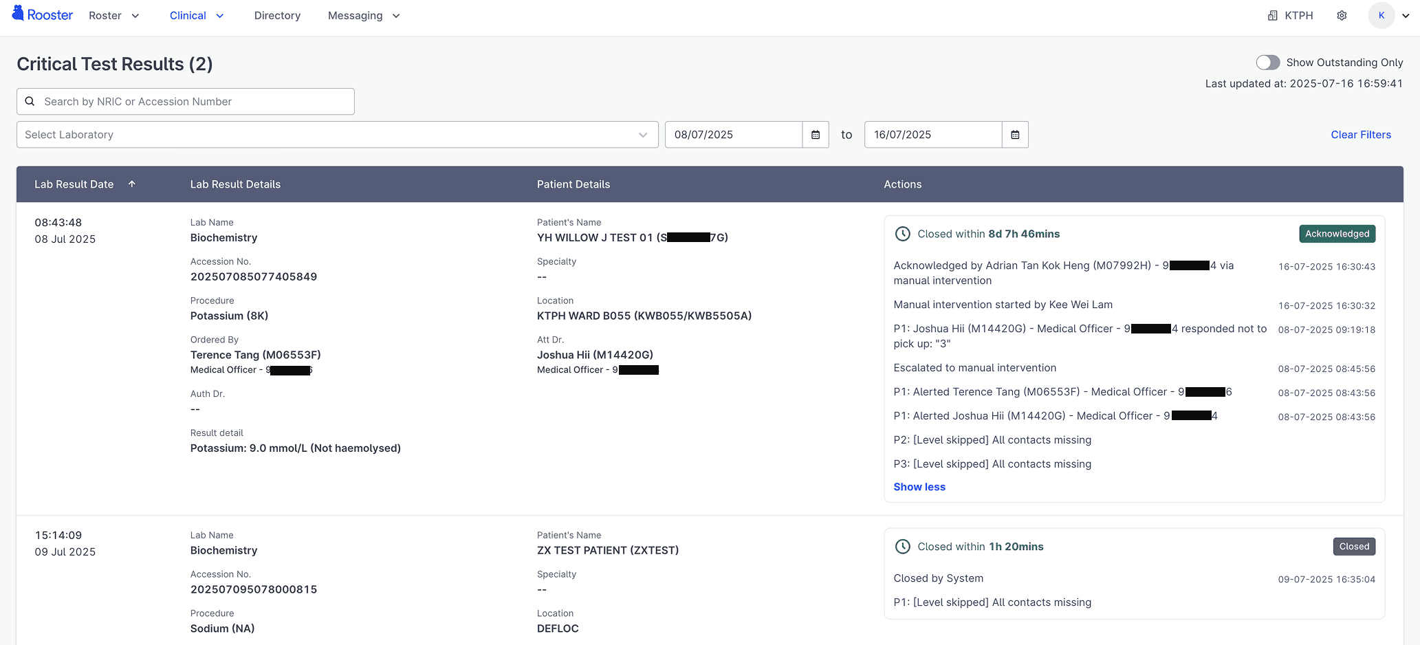 Rooster's Critical Result Dashboard